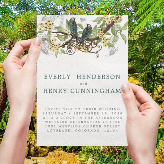 Gelbe Blumen Aquamarine Vintage Lovebird Hochzeit Einladung