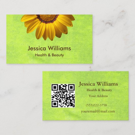 Gelbe Blumen auf Abstrakt-grüner Monogram Visitenkarte (Vorne/Hinten)