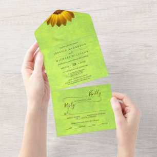 Gelbe Blumen auf abstrakter grüner Hochzeit All In One Einladung