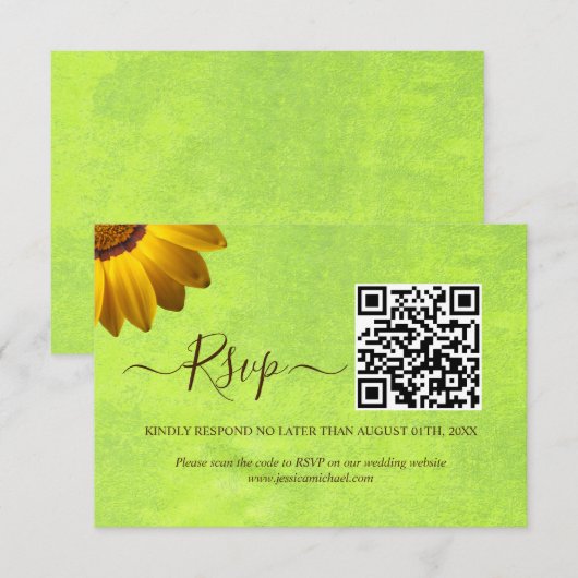 Gelbe Blumen auf Abstrakter Grüner Hochzeit RSVP Karte (Vorne/Hinten)