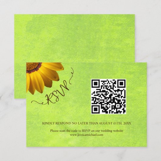 Gelbe Blumen auf Abstrakter Grüner Hochzeit RSVP Karte (Vorne/Hinten)