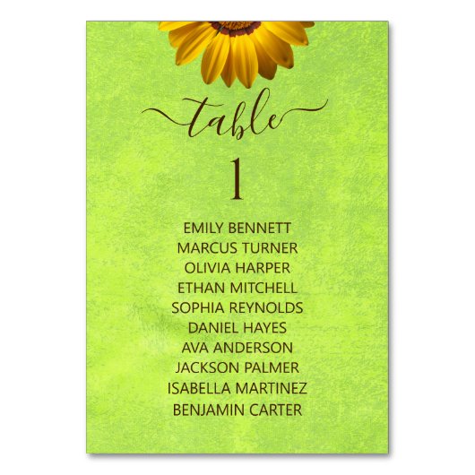 Gelbe Blumen auf Abstrakter Grüner Hochzeit Tischnummer (Vorderseite)