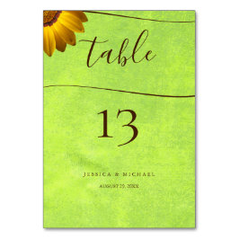 Gelbe Blumen auf Abstrakter Grüner Hochzeit Tischnummer
