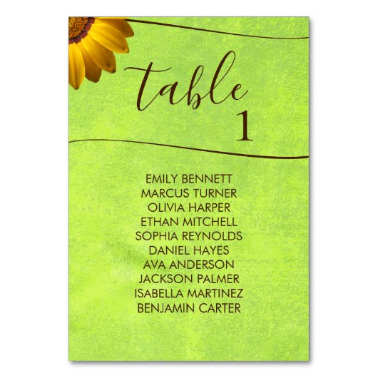 Gelbe Blumen auf Abstrakter Grüner Hochzeit Tischnummer (Vorderseite)