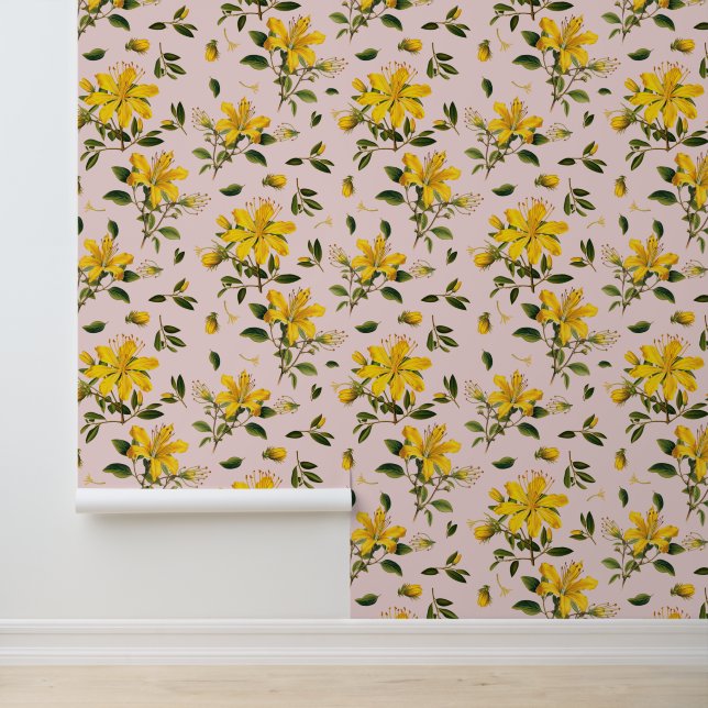 Gelbe Blumen auf blassem Rosa  Tapete (Anwendung)