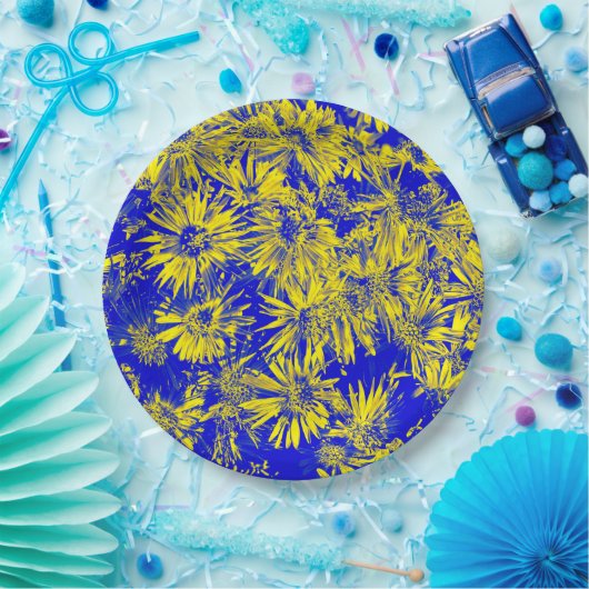Gelbe Blumen auf blau Pappteller (Party)