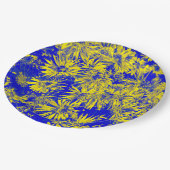 Gelbe Blumen auf blau Pappteller (Schrägansicht)