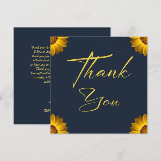 Gelbe Blumen auf Navy Blue-Hintergrund Monogram Dankeskarte (Vorne/Hinten)