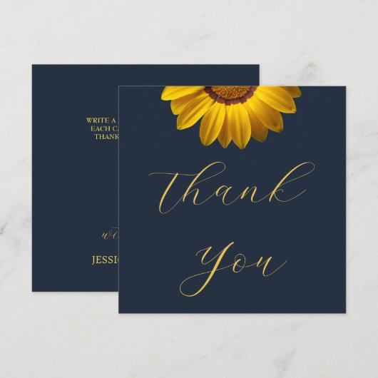 Gelbe Blumen auf Navy Blue-Hintergrund Monogram Dankeskarte (Vorne/Hinten)
