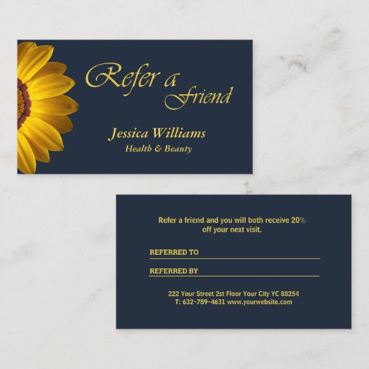 Gelbe Blumen auf Navy Blue-Hintergrund Monogram Empfehlungskarte (Vorne/Hinten)