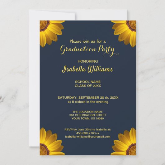 Gelbe Blumen auf Navy Blue-Hintergrund Monogram in Einladung (Vorderseite)