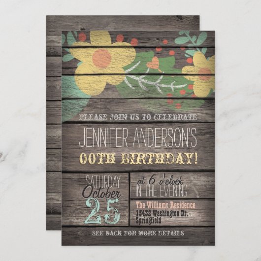 Gelbe Blumen auf rustikalen Erwachsenen Teen Gebur Einladung (Vorne/Hinten)