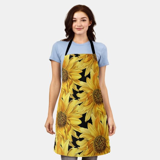 Gelbe Blumen auf schwarz überall über Printwerbung Schürze (Getragen)