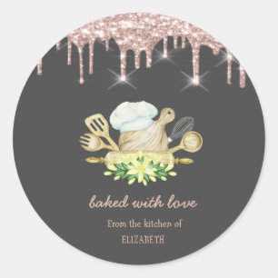 Gelbe Blumen Bäckerei-Werkzeuge Rose Gold Tropfen  Runder Aufkleber