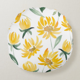 Gelbe Blumen Blatt Sommer Muster Rundes Kissen