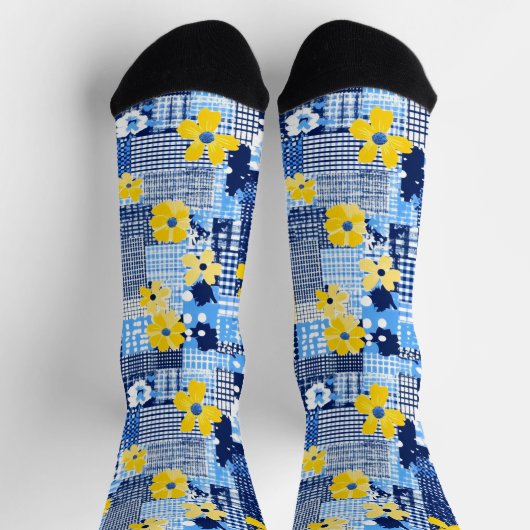 Gelbe Blumen Blaues Muster Socken (Oben)