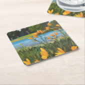 Gelbe Blumen Blaues Wasser Grüne Bäume Landschaft Rechteckiger Pappuntersetzer (angewinkelt)