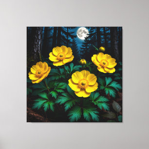 Gelbe Blumen blühen in einem mondbeschienenen Wald Leinwanddruck