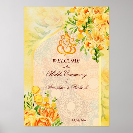 Gelbe Blumen Bogen Ganesha Haldi Willkommenszeiche Poster (Vorne)