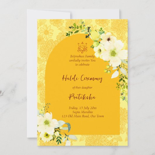Gelbe Blumen Bogen Haldi Einladung (Vorderseite)