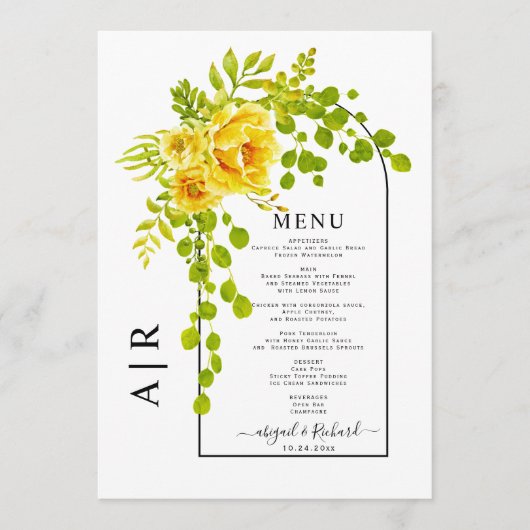 Gelbe Blumen, Bogen und Monogramm-Hochzeit im Herb Menükarte (Vorderseite)
