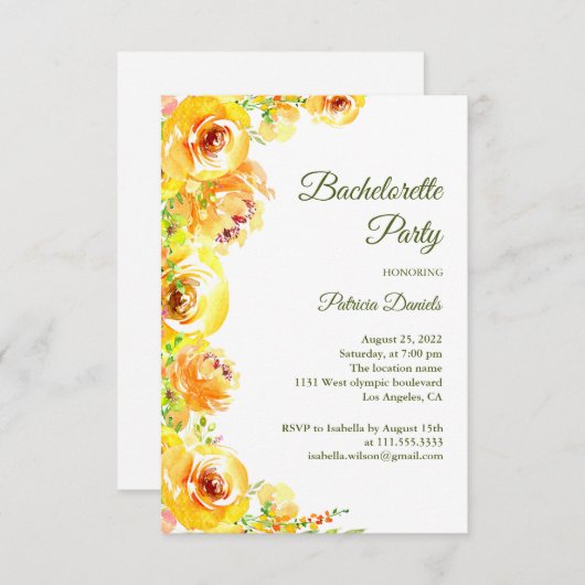 Gelbe Blumen. Eleganter blumenreicher Junggeselinn Einladung (Vorne/Hinten)