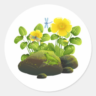 Gelbe Blumen, Frosch und Libellen Natur Runder Aufkleber