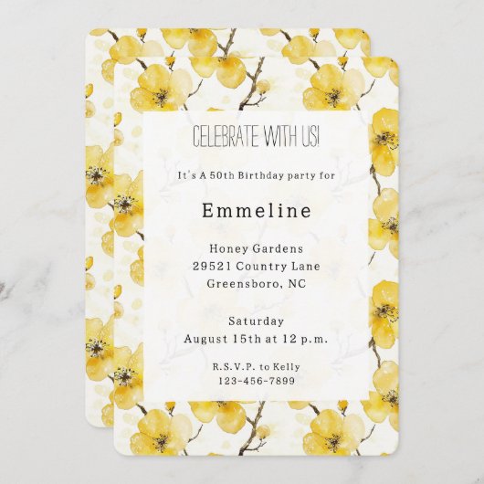 Gelbe Blumen Geburtstag Einladung (Vorne/Hinten)