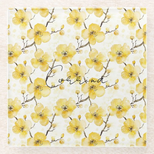 Gelbe Blumen Glasuntersetzer (Vorderseite)