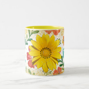 gelbe Blumen Glitter-Tasse , Floral Sparkle Ästhet Zweifarbige Tasse