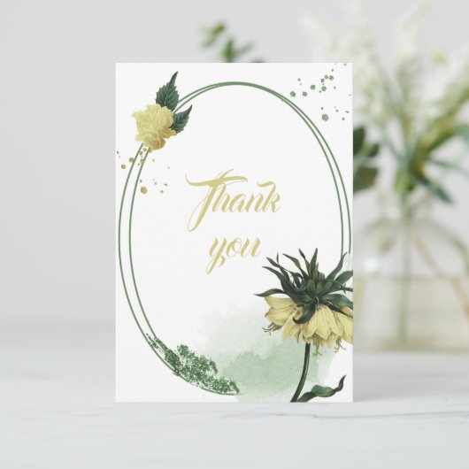 Gelbe Blumen grün Blätter geometrisch Dankeskarte (Stehend Vorderseite)