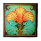 Gelbe Blumen Grüne Blätter Art Deco Keramik Tile Fliese (Vorderseite)