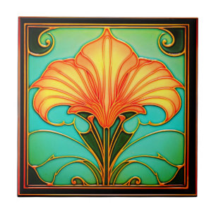 Gelbe Blumen Grüne Blätter Art Deco Keramik Tile Fliese