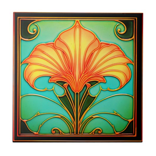 Gelbe Blumen Grüne Blätter Art Deco Keramik Tile Fliese (Vorderseite)