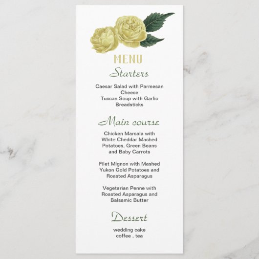 Gelbe Blumen Grüne Blätter Hochzeitsmenü Menükarte (Vorderseite)