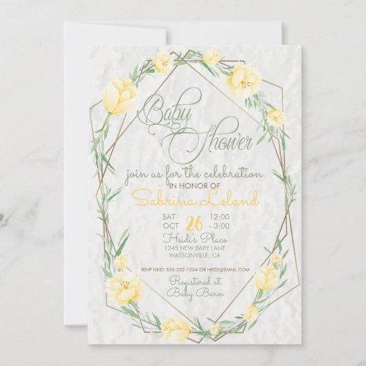 Gelbe Blumen Grüne Terrarium Babydusche Einladung (Vorderseite)
