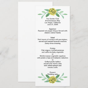 Gelbe Blumen- Grünpflanzen- Hochzeitsmenükarte Ankündigung