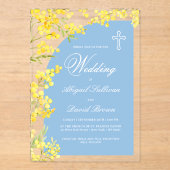 Gelbe Blumen Hellblauer Bogen Religiöse Hochzeit Acryleinladungen (Vorderseite)