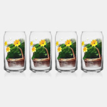 Gelbe Blumen im Korb – Vintage-Blumenaufkleber