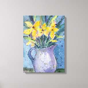 Gelbe Blumen in blauem Vase Watercolor Leinwanddruck