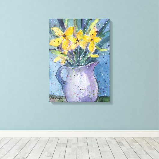 Gelbe Blumen in Blauer Vase, Aquarell Leinwanddruck (Insitu (Holzboden))