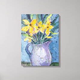 Gelbe Blumen in Blauer Vase, Aquarell Leinwanddruck