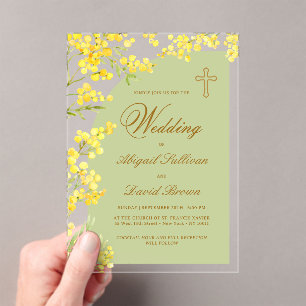 Gelbe Blumen Lavendel Bogen Religiöse Hochzeit Acryleinladungen