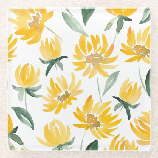 Gelbe Blumen Leaf Sommermuster Glasuntersetzer (Vorderseite)