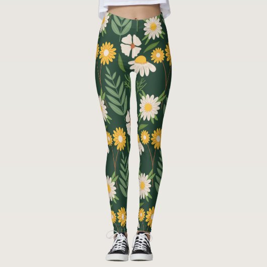 Gelbe Blumen mit grünen Blätter Leggings (Vorderseite)