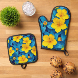 Gelbe Blumen - Mittelmeer Ofenhandschuh & Topflappen-Set
