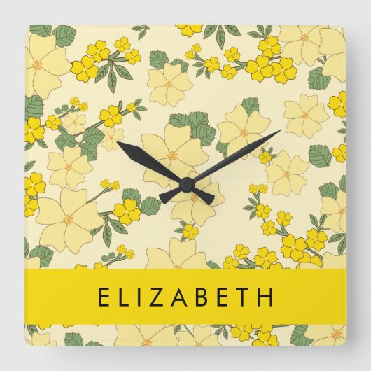 Gelbe Blumen, Muster von Blume, Ihr Name Quadratische Wanduhr (Vorderseite)