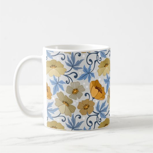 Gelbe Blumen: Nahtloses Textildesign Kaffeetasse (Links)