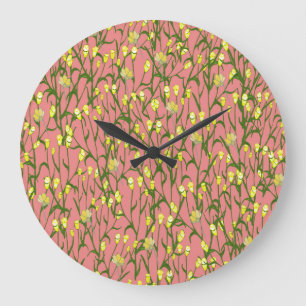Gelbe Blumen Rosa Hintergrund Vintag Große Wanduhr