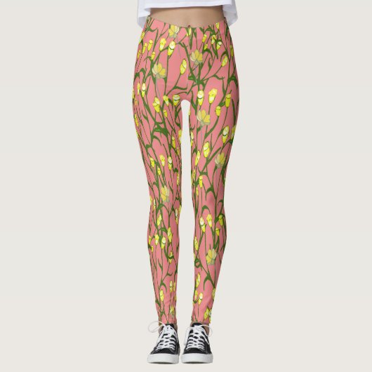 Gelbe Blumen Rosa Hintergrund Vintag Leggings (Vorderseite)